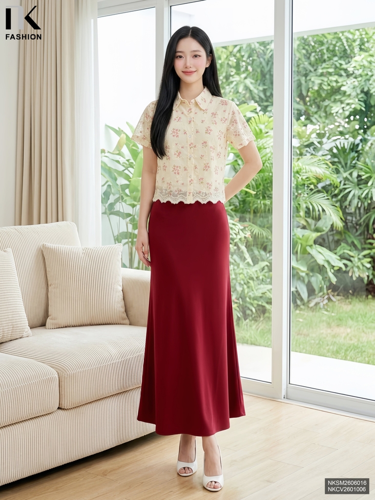 Sơ mi cổ đức hoa thô chân mát mẻ, kiểu cách NKSM2606016