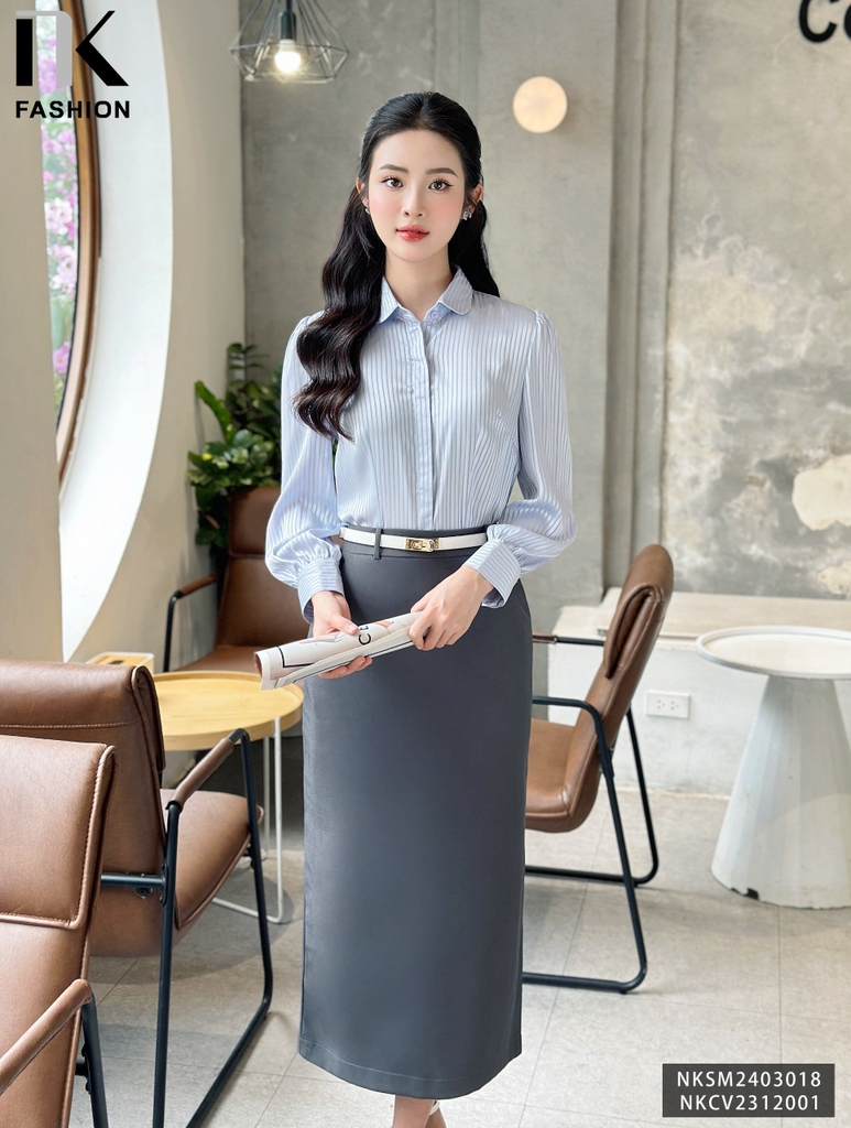 NK Fashion Áo Sơ Mi Lụa Sọc Cổ Sen Tay Bồng Sang Chảnh, Thanh Lịch NKSM2403018