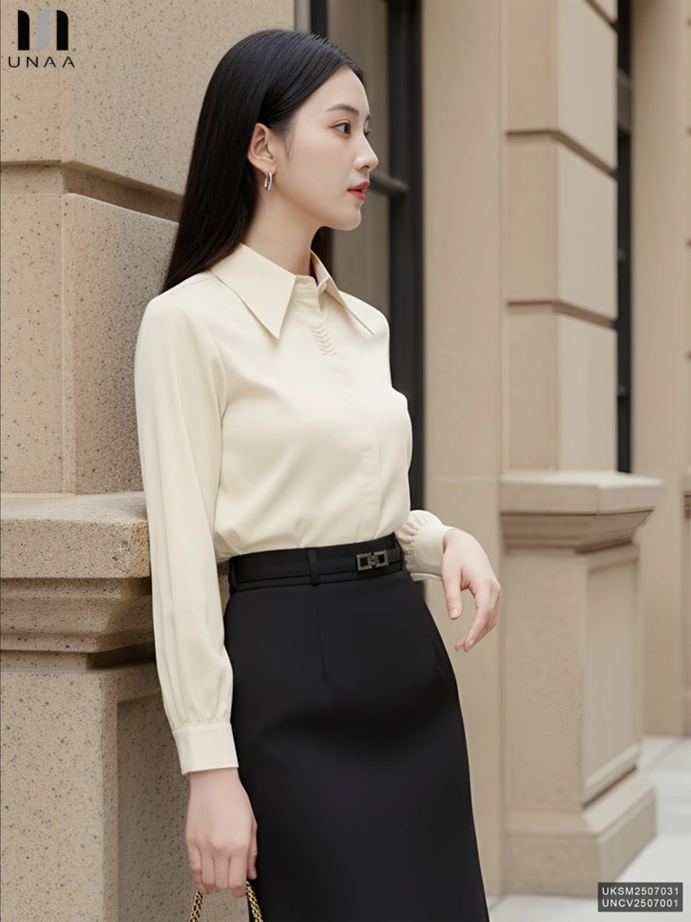 Sơ mi cổ đức dài tay nẹp kiểu công sở nữ, thoáng mát, lịch sự UKSM2507031
