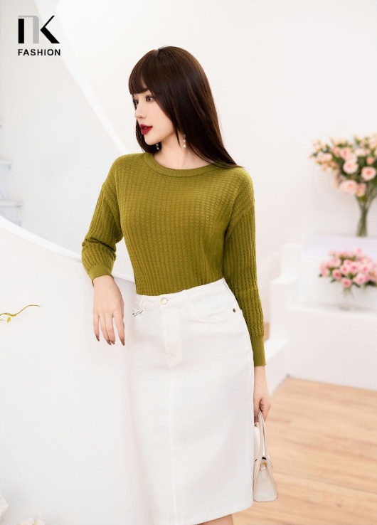NK Fashion Áo Len Cổ Tròn Vân O, Dáng Suông, Tay Dài, Thời Trang NKFAL2312002