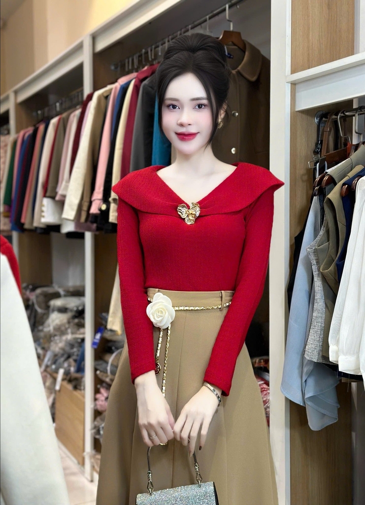 Áo Len Tiệc  NK Fashion Công Sở Nũ Thế Kế Cổ Bèo lật Trẻ Trung Chất Vải Mềm Mịn NKAL2412001