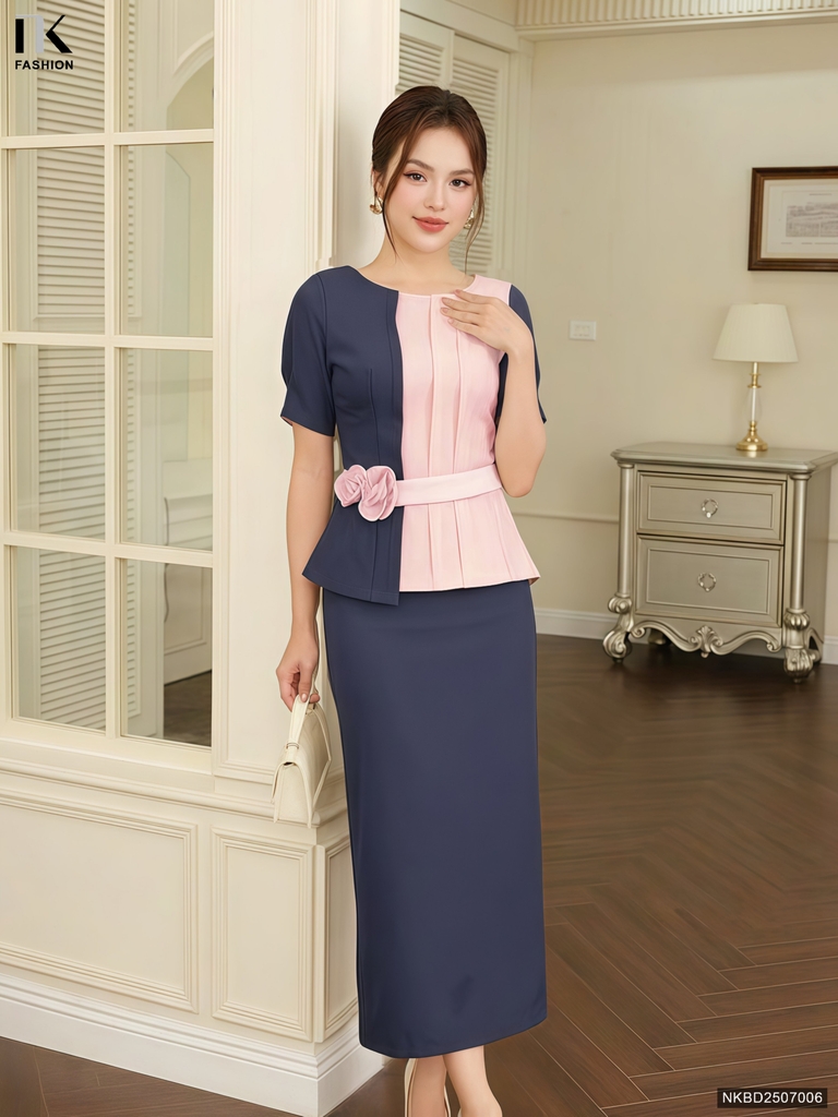 Set chân váy bút chì + áo phối màu hoa eo điệu đà NKBD2507006