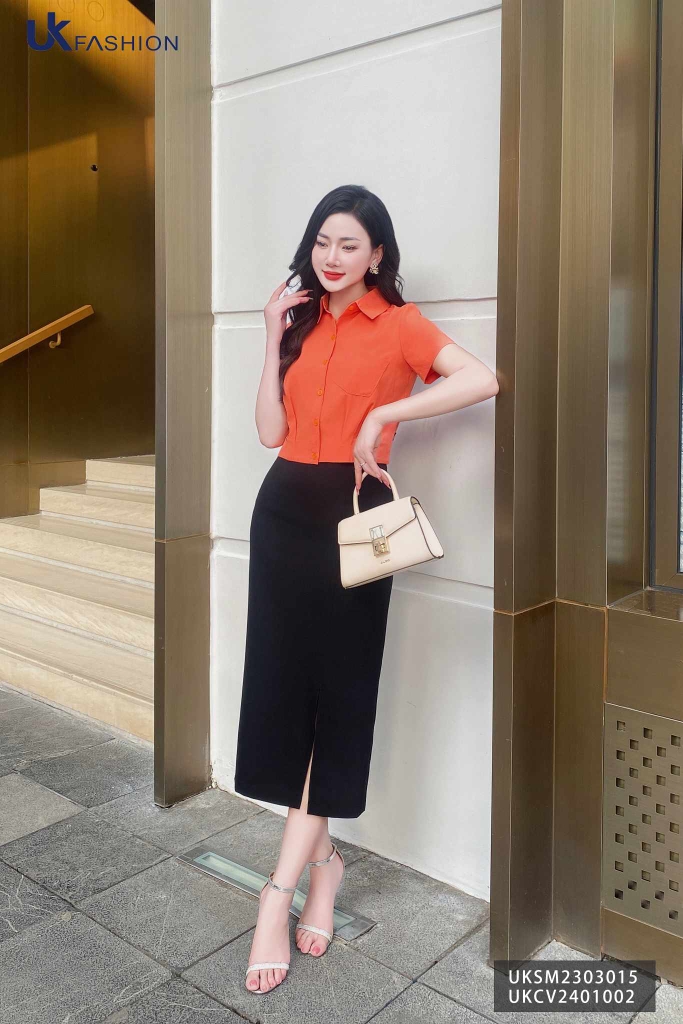Chân váy bút chì xẻ trước UK fashion dáng dài qua gối,chất liệu mềm mịn, thiết kế công sở cao cấp UKCV2401002