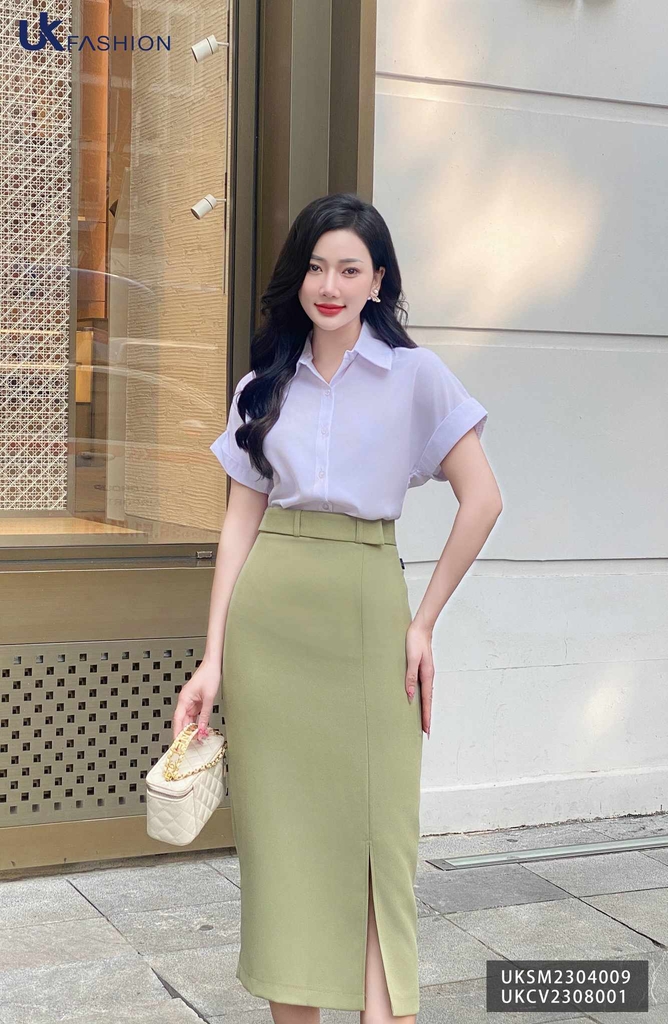 Chân váy bút chì xẻ trước UK fashion dáng dài qua gối,chất liệu mềm mịn, thiết kế công sở cao cấp UKCV2401002