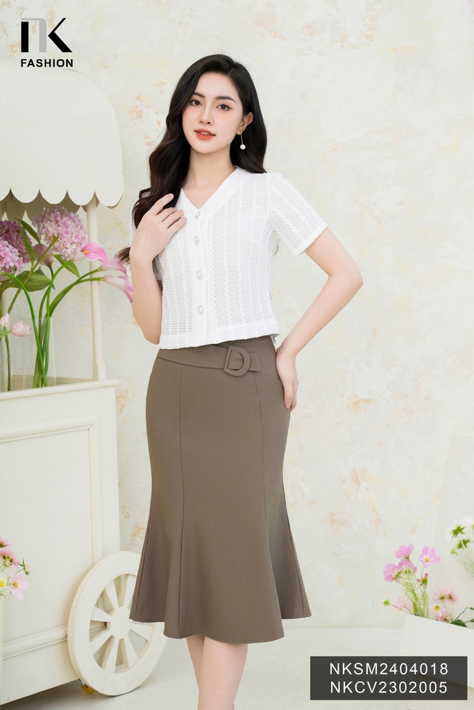 Sơ mi dệt sóng cổ V NK Fashion NKSM2404018 siêu sang xịn, cách điệu, thời trang