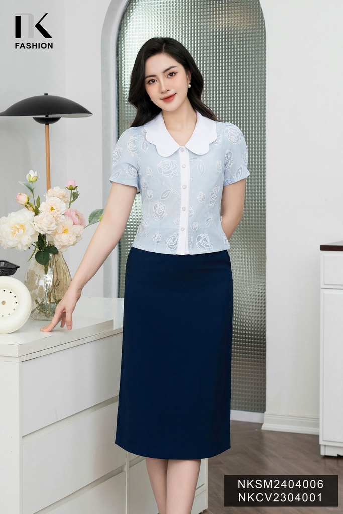 Sơ mi hoa hồng phối cổ nẹp, kiểu dáng mới, chất liệu mới, xinh xắn, điệu đà cực kỳ NKSM2404006