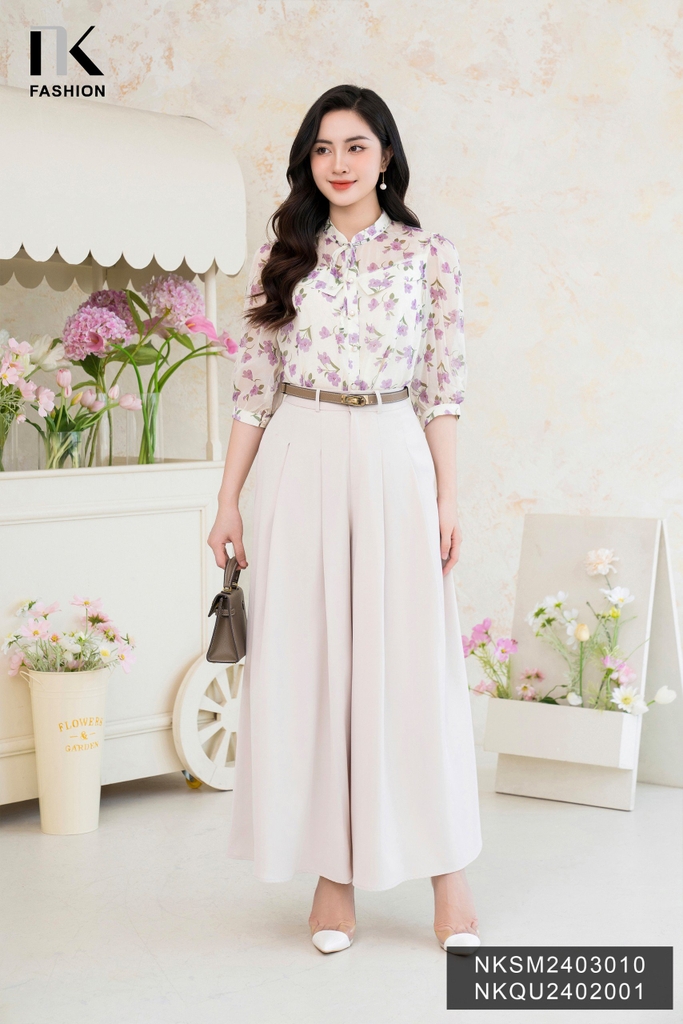 Áo Sơ Mi Tơ Hoa Cổ Tàu Buộc Nơ NK Fashion Công Sở Nữ Thanh Lịch, Nữ Tính NKSM2403010