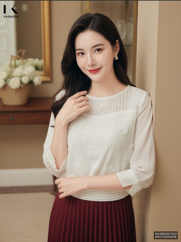 Sơ mi ren hoa hồng phối đẹp lạ, hợp thu NKSM2507020