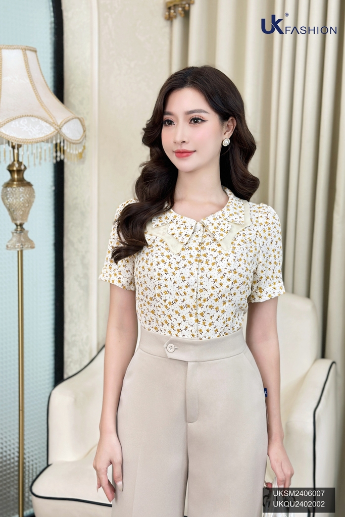 Áo Sơ Mi UK Fashion Công Sở Thiết Kế Cổ Kép, Họa Tiết Hoa Nhẹ Nhàng, Thanh Lịch, Nữ Tính UKSM2406007