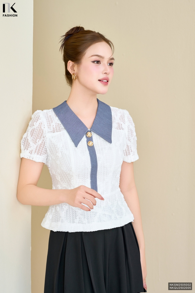 Áo ren pepum phối demin kiểu cách mới NKSM25050021