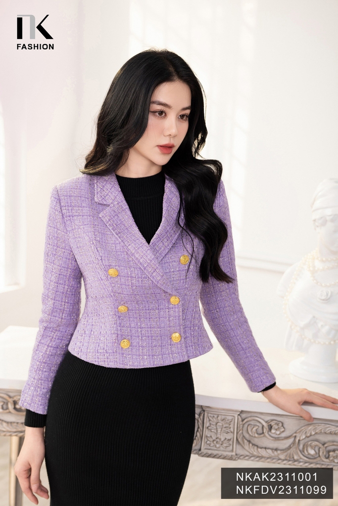 NK FASHION Áo Khoác Dạ Text Cô Ve 6 Cúc Đồng Cao Cấp, Dáng Ngắn Sang Trọng NKAK2311001