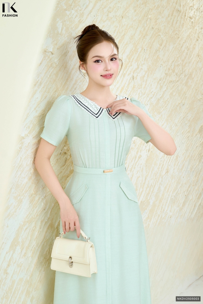 Đầm cổ ren nhún eo điệu đà NKDV2505003