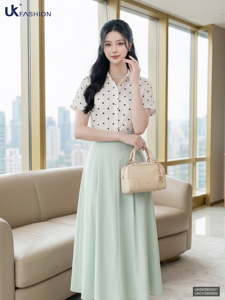 Sơ mi chấm bi cổ sen nhẹ nhàng, điệu đẹp UKSM2605021 ( Áo rời )