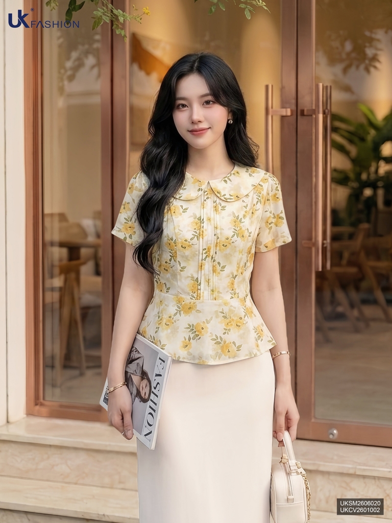 Sơ mi cổ sen họa tiết mí dọc UKSM2606020 ( Áo rời , không kèm CV/QU/PK )