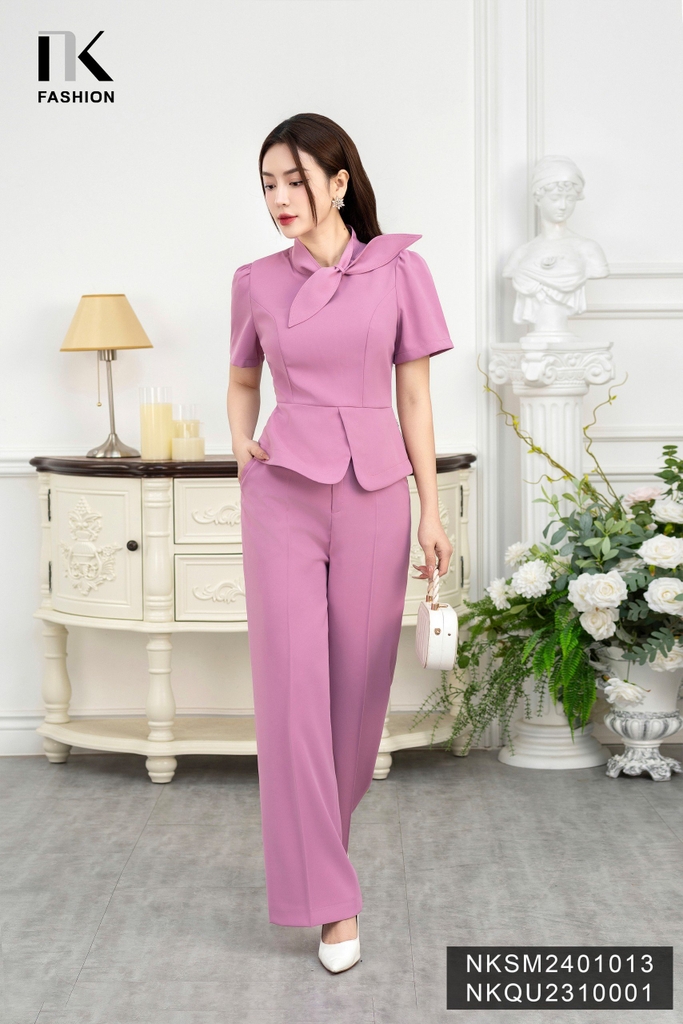 NK Fashion Áo Sơ Mi Peplum Nơ Vạt Lệch Sang Trọng, Thanh Lịch NKSM2401013