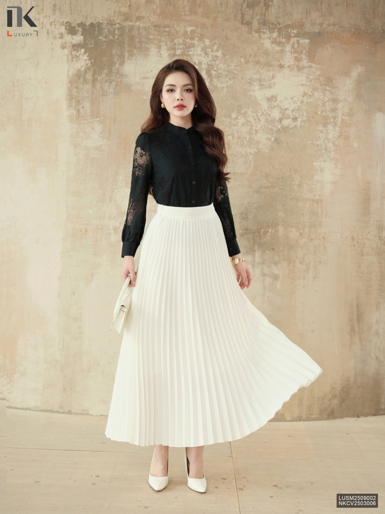 Sơ mi ren cổ tàu phối phong cách sang trẻ LUSM2509002