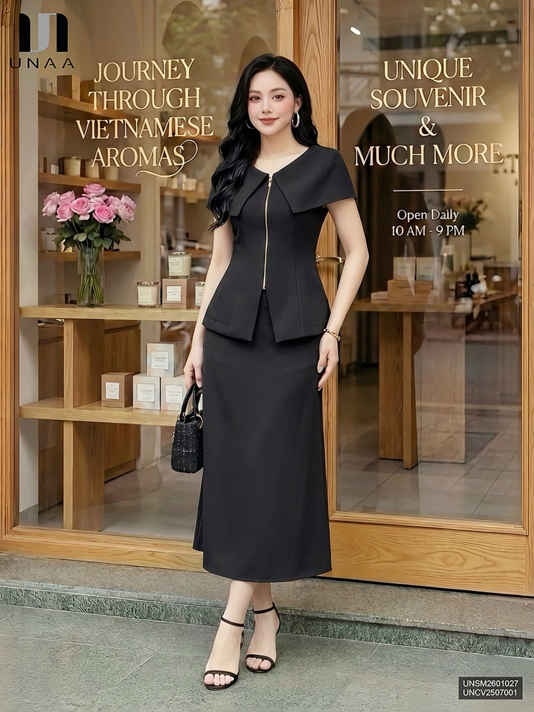 Sơ mi vai chờm cổ V lá mới lạ, sang trọng UNSM2601027