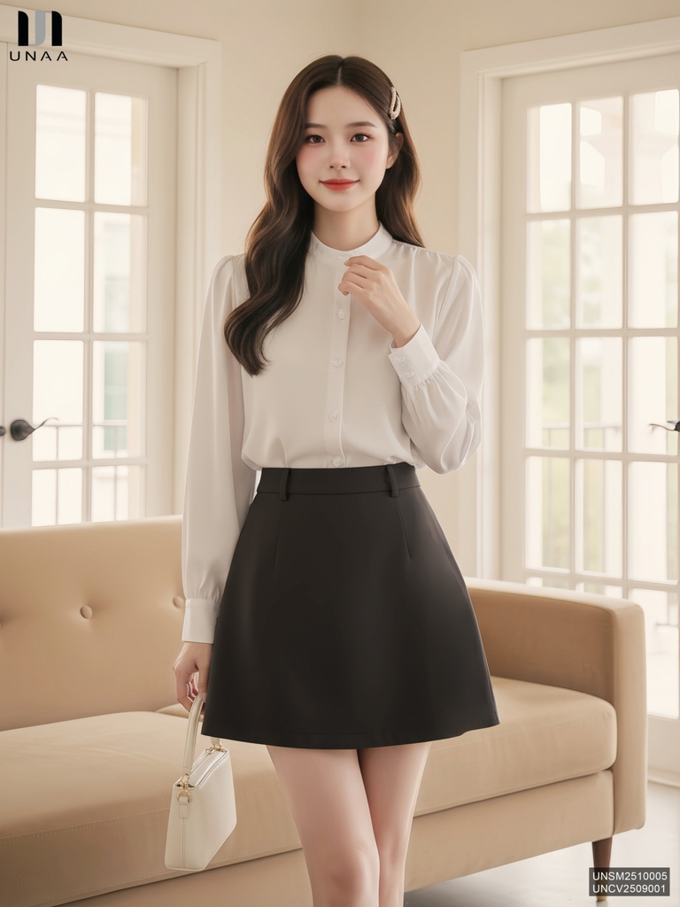Sơ mi cổ tàu nhún vai trẻ trung, nhẹ nhàng tiểu thư UNSM2510005