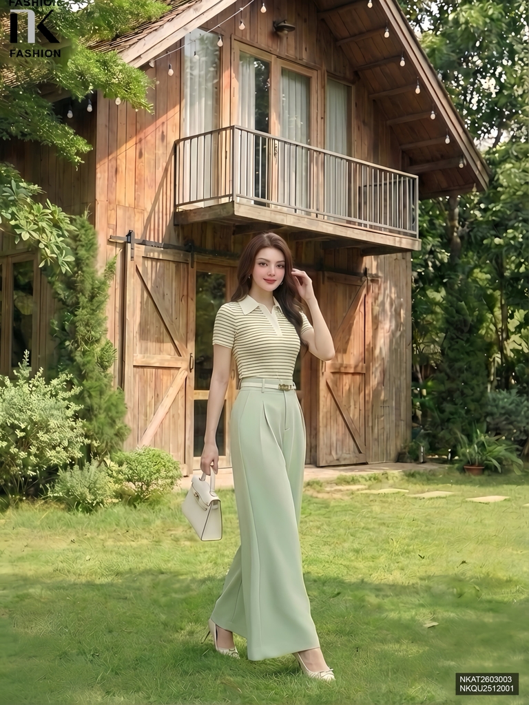 Áo thun kẻ cổ trụ phối lá cổ NKAT2603003