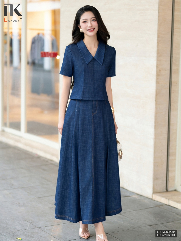 Chân váy denim khóa môi dáng xòe thoải mái, mềm điệu LUCV2602001