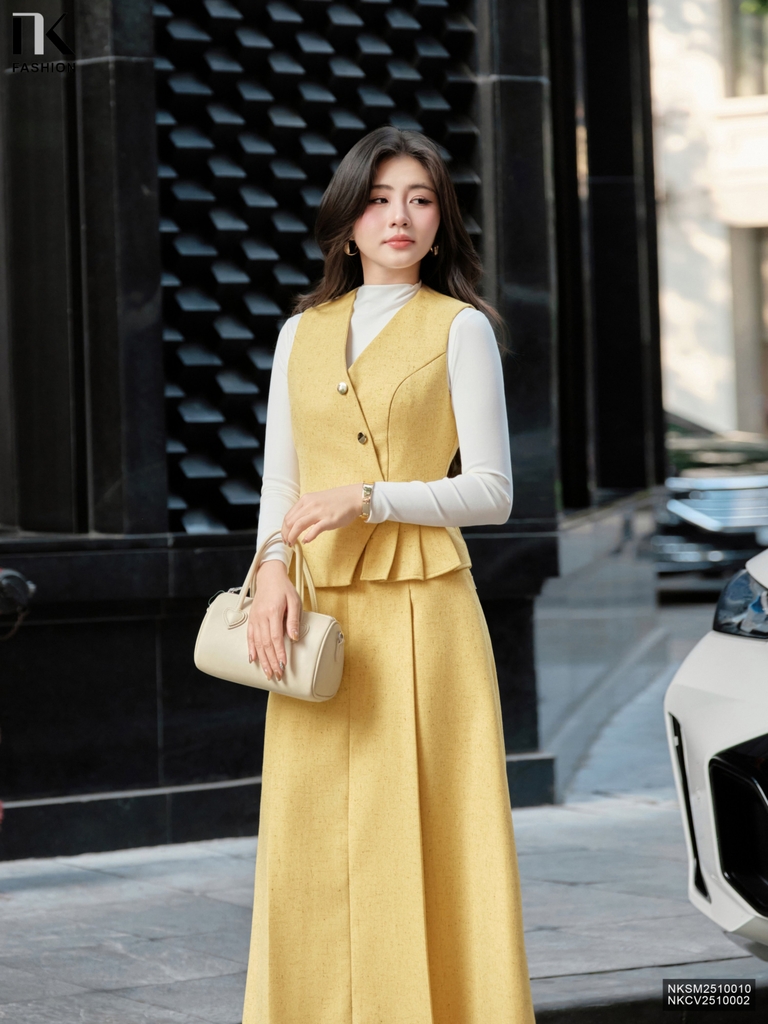 Chân váy text min dài xếp ghép set cùng màu sang mịn NKCV2510002