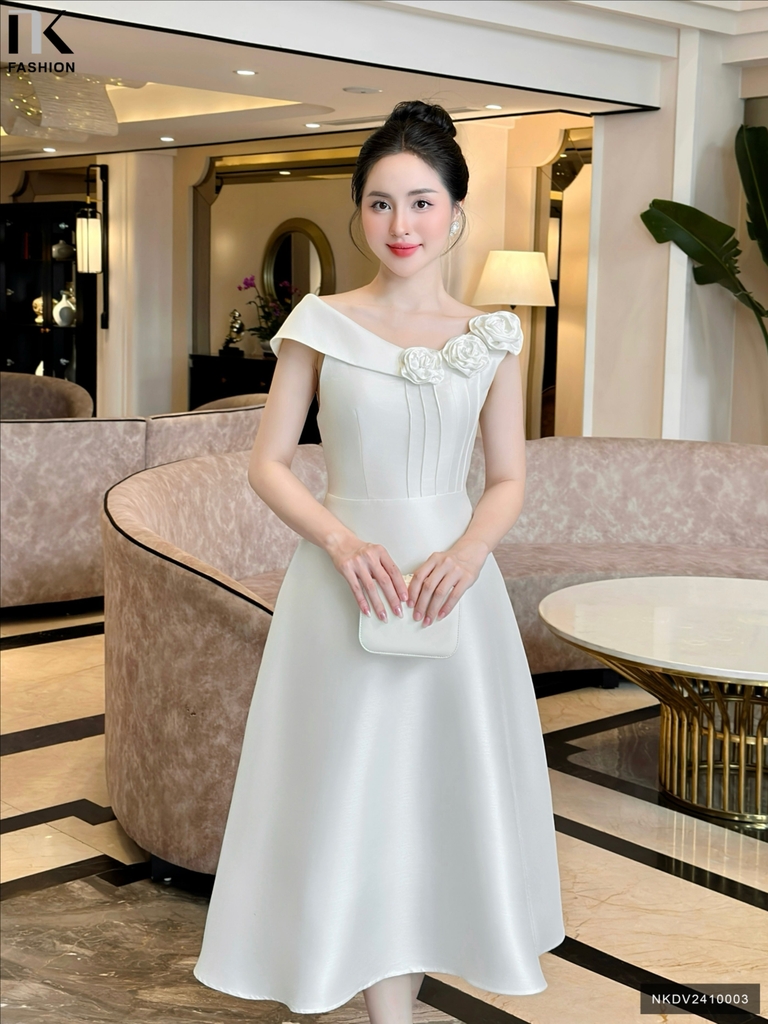 Đầm Dự Tiệc Bấu mí hoa 3D Tinh Tế NK Fashion Dày Dặn Đứng Form Chuẩn Thanh Lịch NKDV2410003