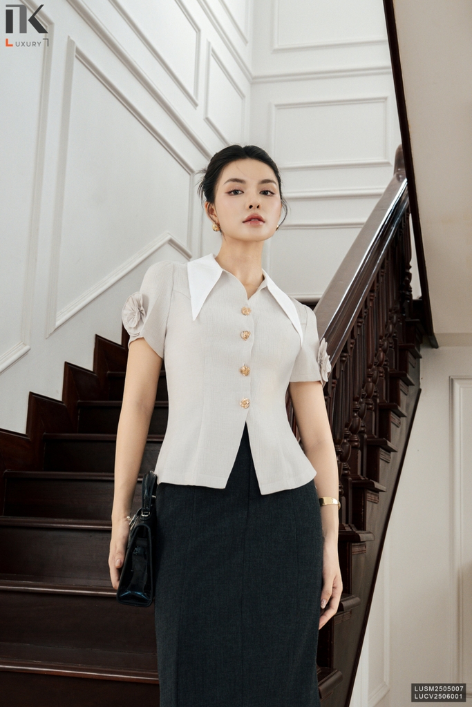 Sơ mi hoa tay phối cổ kiểu dáng mới cực xinh LUSM2505007
