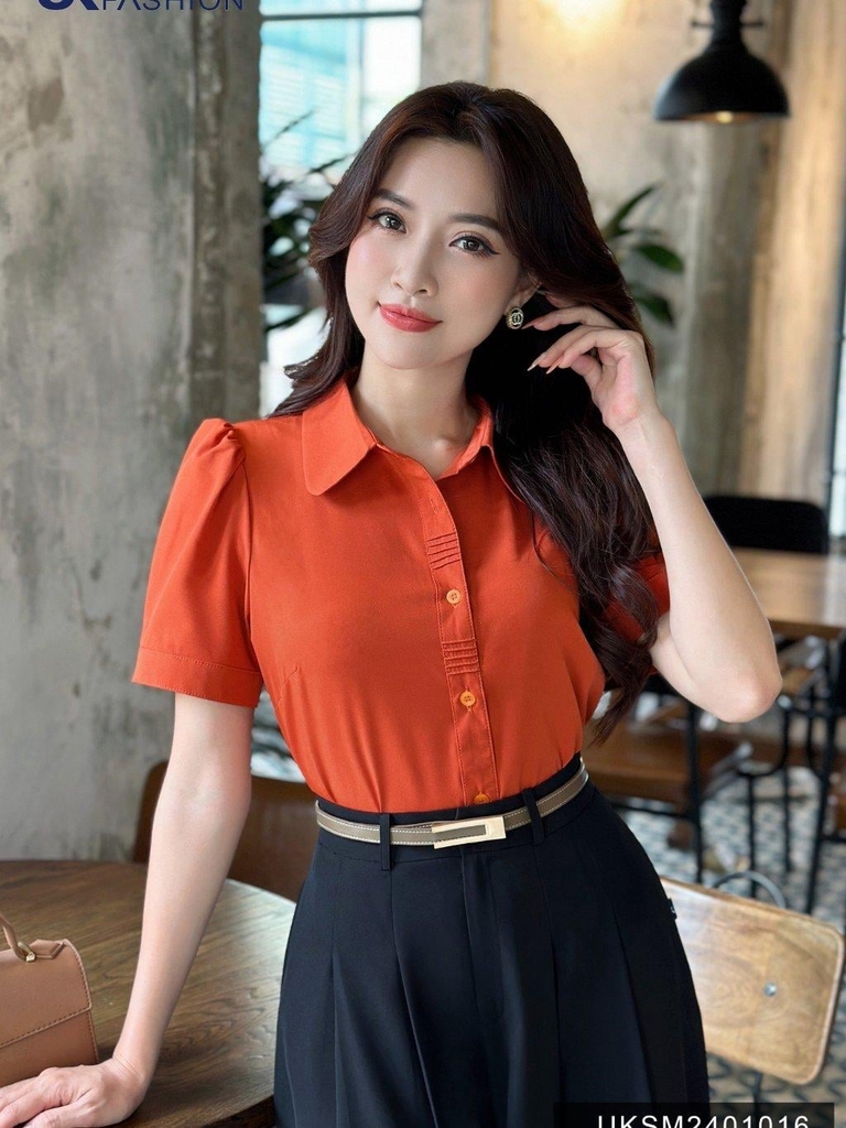 Áo Sơ Mi nữ UK Fashion cổ đức cọc tay mí nẹp, chất liệu lụa không nhăn UKSM2401016