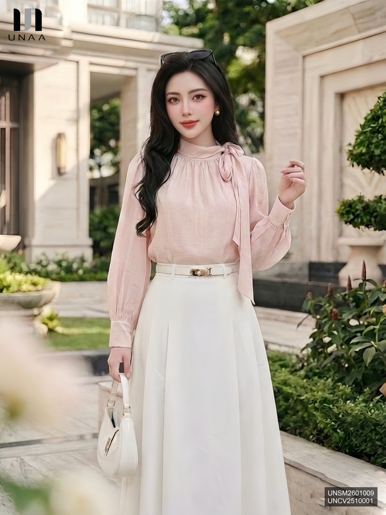 Sơ mi dài tay nhún cổ vạt nơ xinh xắn, tiểu thư UNSM2601009