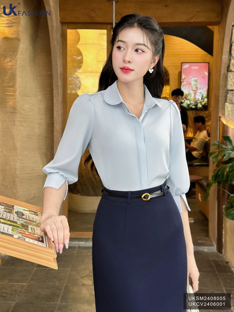 Áo Sơ Mi Cổ Sen Tay Lỡ Lơ Vê Xẻ UK Fashion Công Sở Nữ Thanh Lịch, Nữ Tính Vải Mềm Mịn UKSM2408005