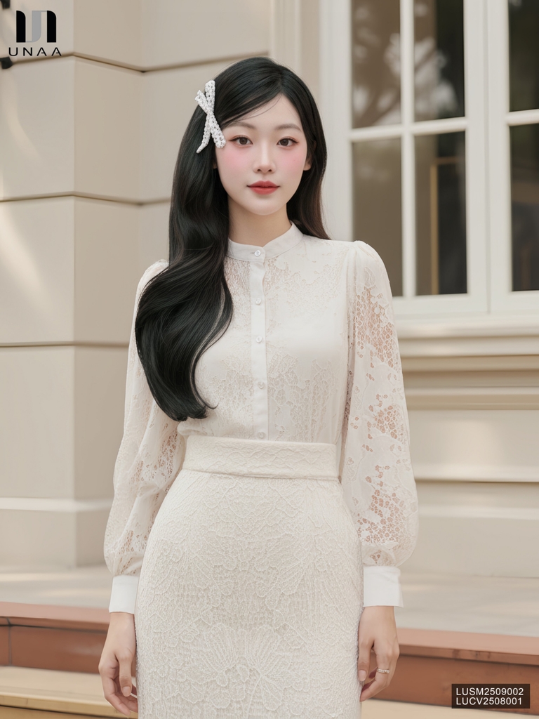 Sơ mi ren cổ tàu phối phong cách sang trẻ LUSM2509002