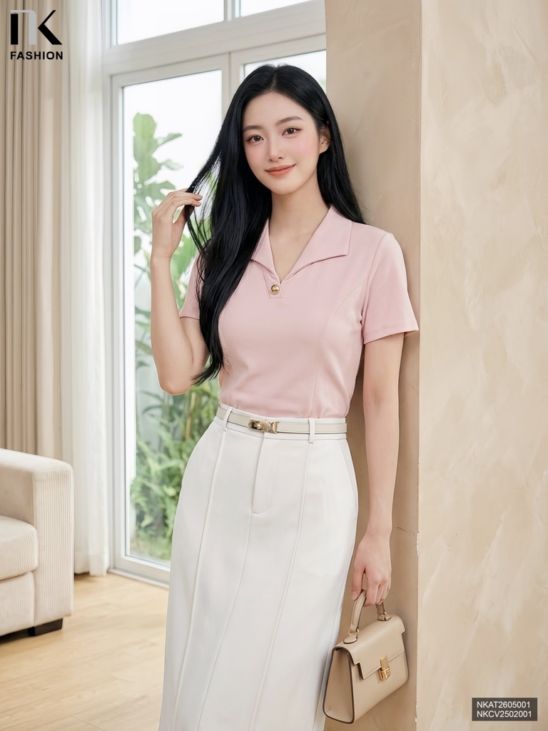 Áo thun V lá cổ mềm nhẹ, trẻ trung NKAT2605001