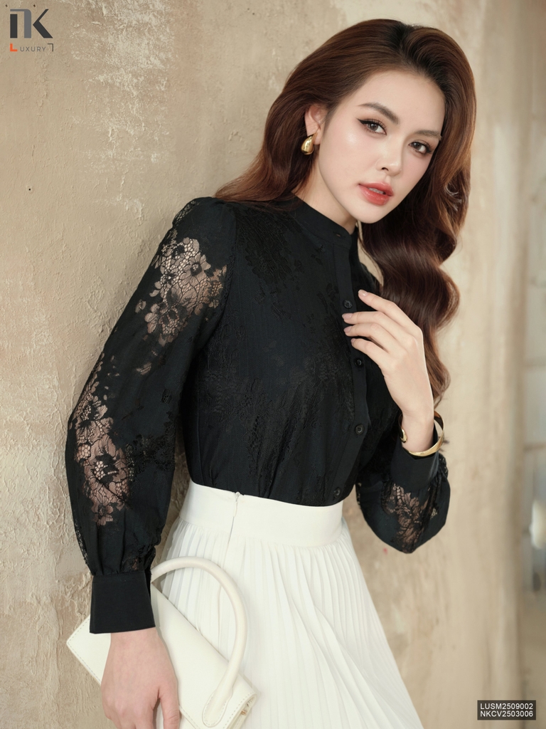 Sơ mi ren cổ tàu phối phong cách sang trẻ LUSM2509002