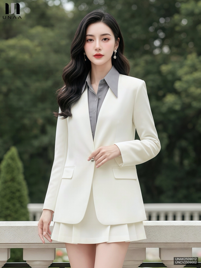 Áo vest không cổ cúc đơn sang xịn, đứng forrm UNAK2509012