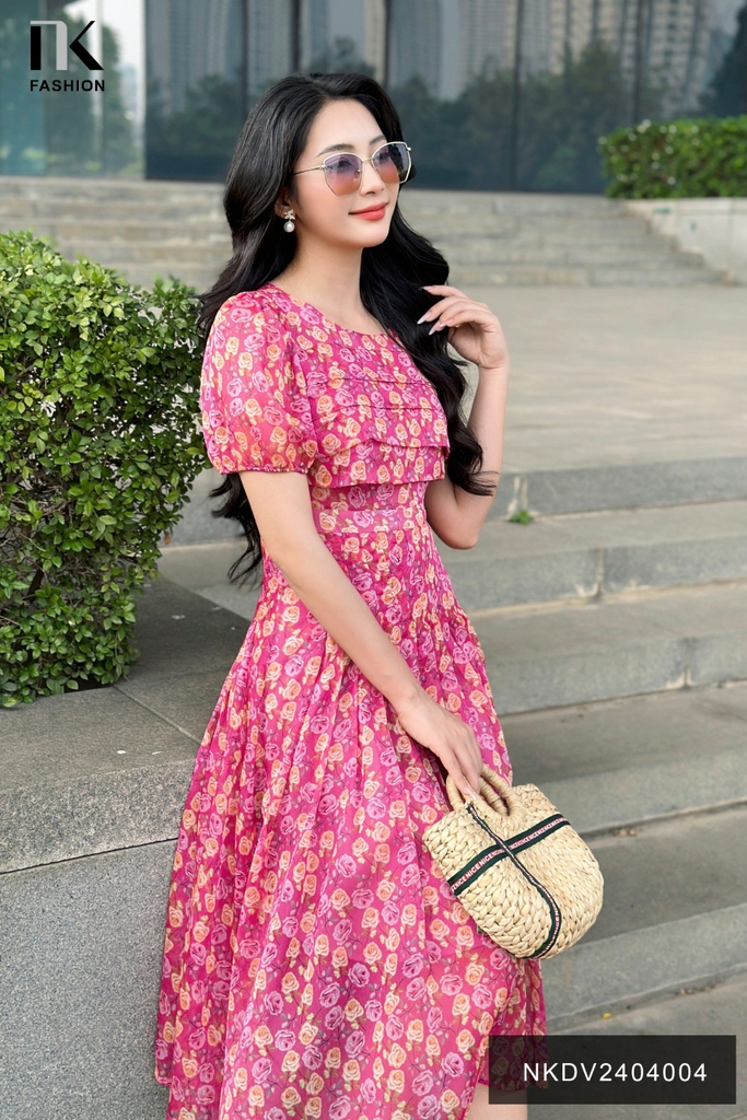 NK Fashion Đầm Hoa Xếp Ngực Tay Bồng Thướt Tha, Thời Trang, Nữ Tính NKDV2404004