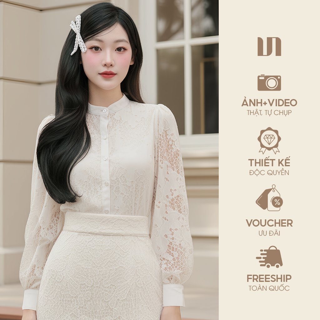 Sơ mi ren cổ tàu phối phong cách sang trẻ LUSM2509002