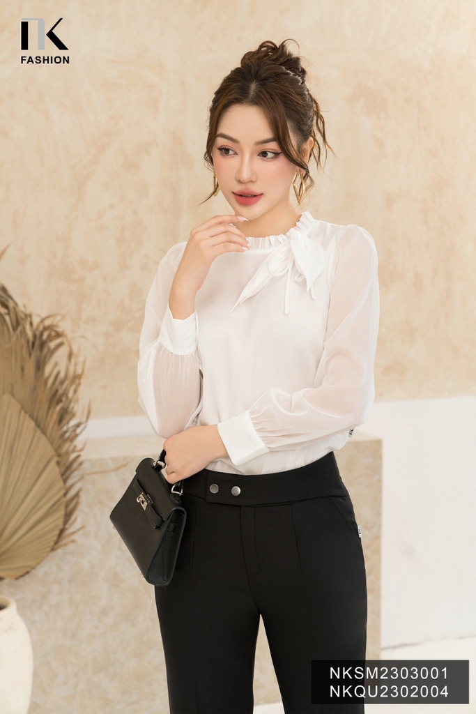 Áo Sơ Mi Dài Tay Tơ Nơ Cổ NK Fashion Công Sở Nữ Thanh Lịch Vải Mềm Mịn NKSM2303001