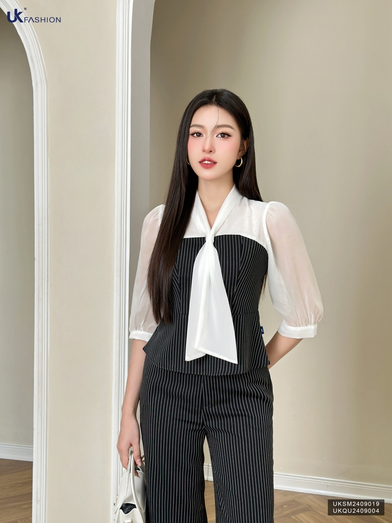 Sơ mi kẻ phối tơ nơ vạt xinh xắn, phong cách UKSM2409019