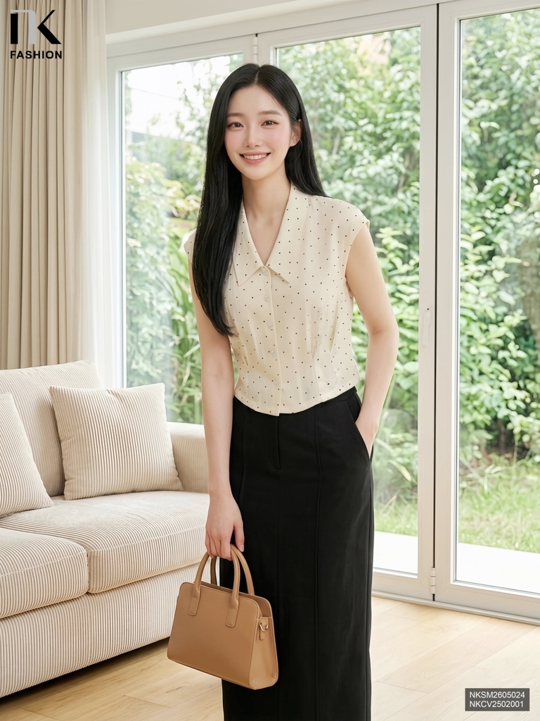 Sơ mi vai chờm chấm bi cổ lá nhẹ nhàng, tôn dáng NKSM2605024