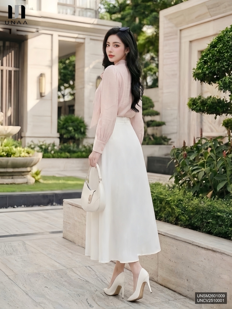 Sơ mi dài tay nhún cổ vạt nơ xinh xắn, tiểu thư UNSM2601009