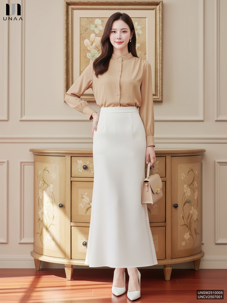 Sơ mi cổ tàu nhún vai trẻ trung, nhẹ nhàng tiểu thư UNSM2510005