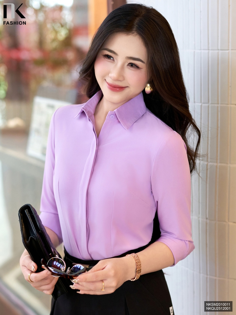 Áo Sơ Mi Dài Tay Cổ Đức Nẹp Dấu Khuy cơ bản phù hợp nhiều kiểu dáng NKSM2010011 ( Ko kèm QU/CV/PK)