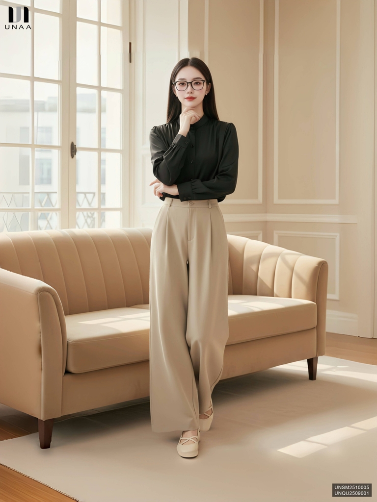 Sơ mi cổ tàu nhún vai trẻ trung, nhẹ nhàng tiểu thư UNSM2510005