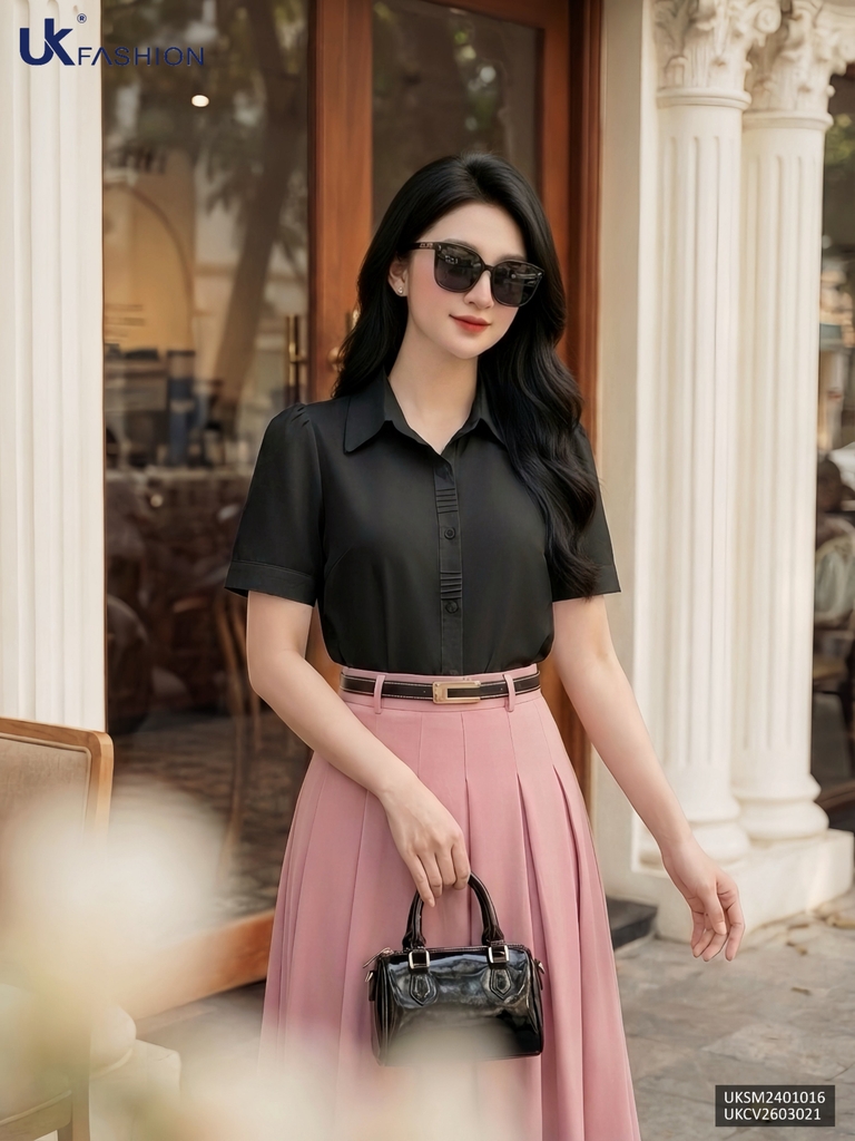 Áo Sơ Mi nữ UK Fashion cổ đức cọc tay mí nẹp, chất liệu lụa không nhăn UKSM2401016