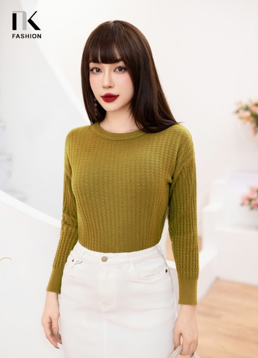 NK Fashion Áo Len Cổ Tròn Vân O, Dáng Suông, Tay Dài, Thời Trang NKFAL2312002