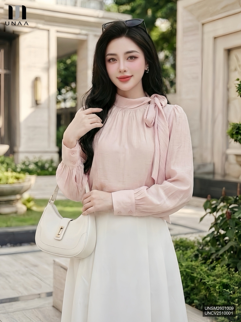 Sơ mi dài tay nhún cổ vạt nơ xinh xắn, tiểu thư UNSM2601009
