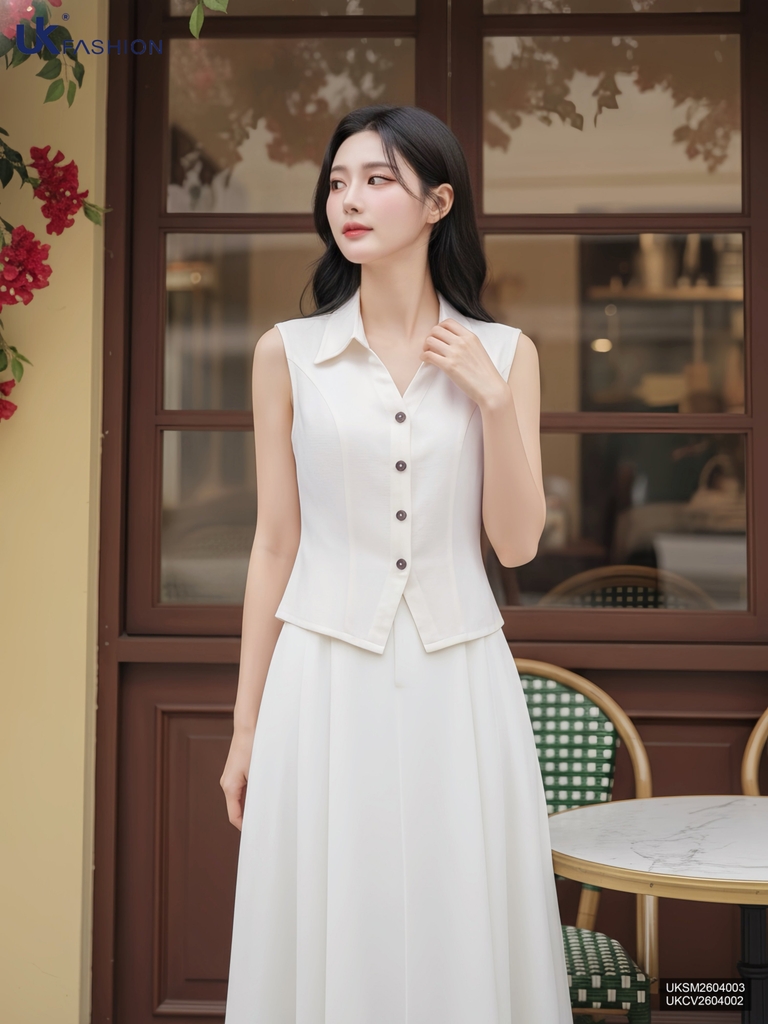 Áo Linen V cổ lá mát mẻ, trẻ trung UKSM2604003