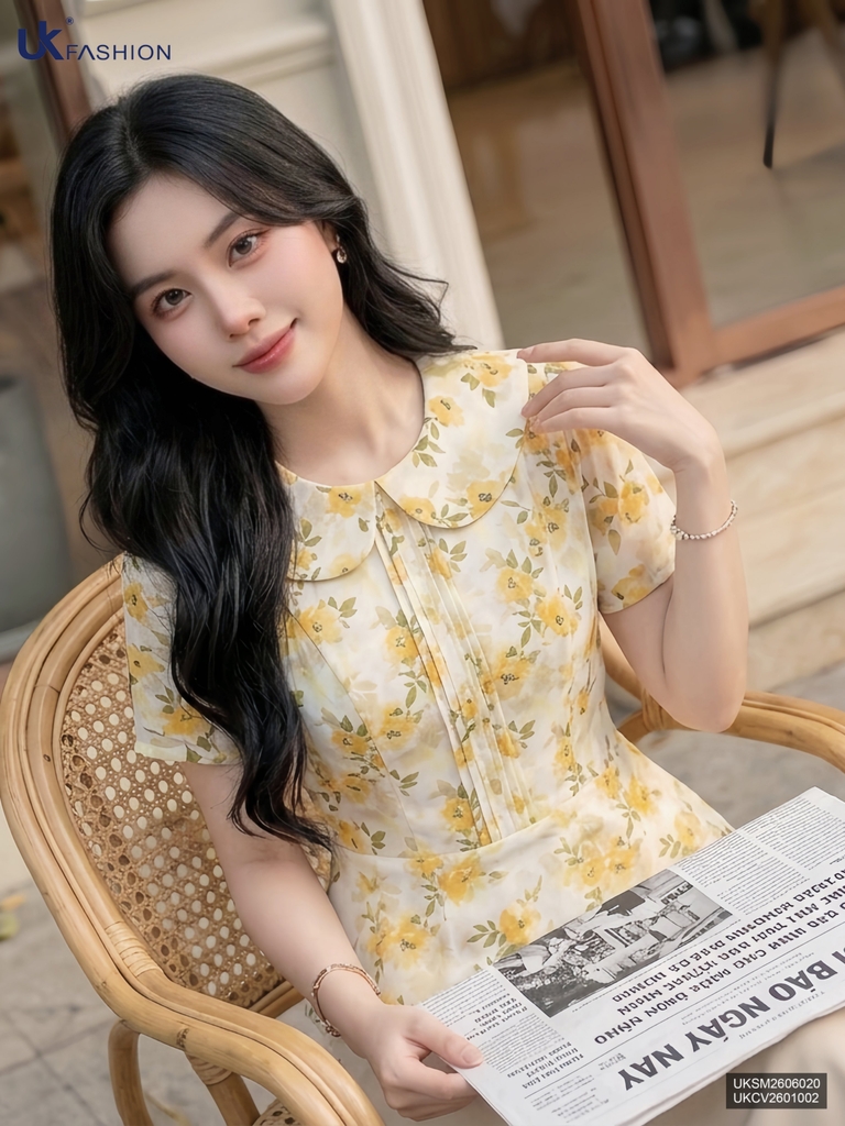 Sơ mi cổ sen họa tiết mí dọc UKSM2606020 ( Áo rời , không kèm CV/QU/PK )