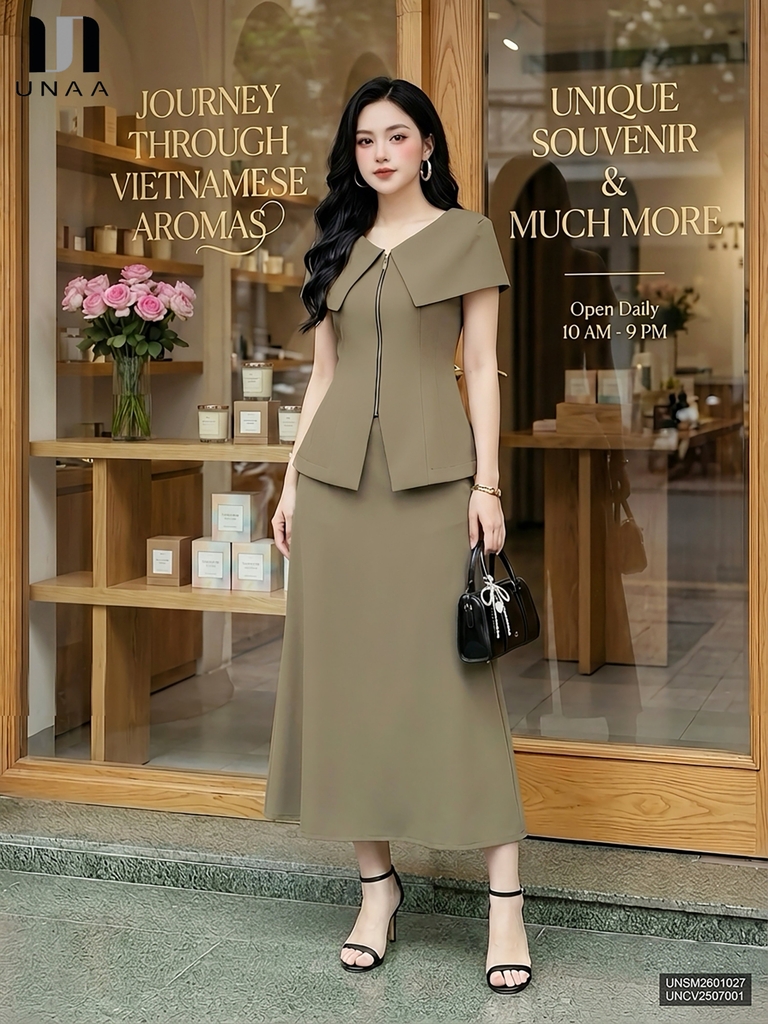 Sơ mi vai chờm cổ V lá mới lạ, sang trọng UNSM2601027