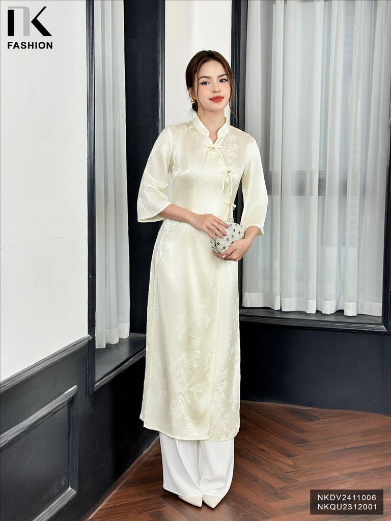 Áo dài gấm 2 tà đan, kiểu dáng mới lạ, chất liệu cao cấp, thanh lịch duyên dáng NKDV2411006 ( ko kèm quần + PK)